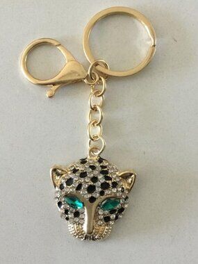 Gold-Tone Panther Head Keychain Adorned w/Rhinestones, Green Crystal Eyes NEW